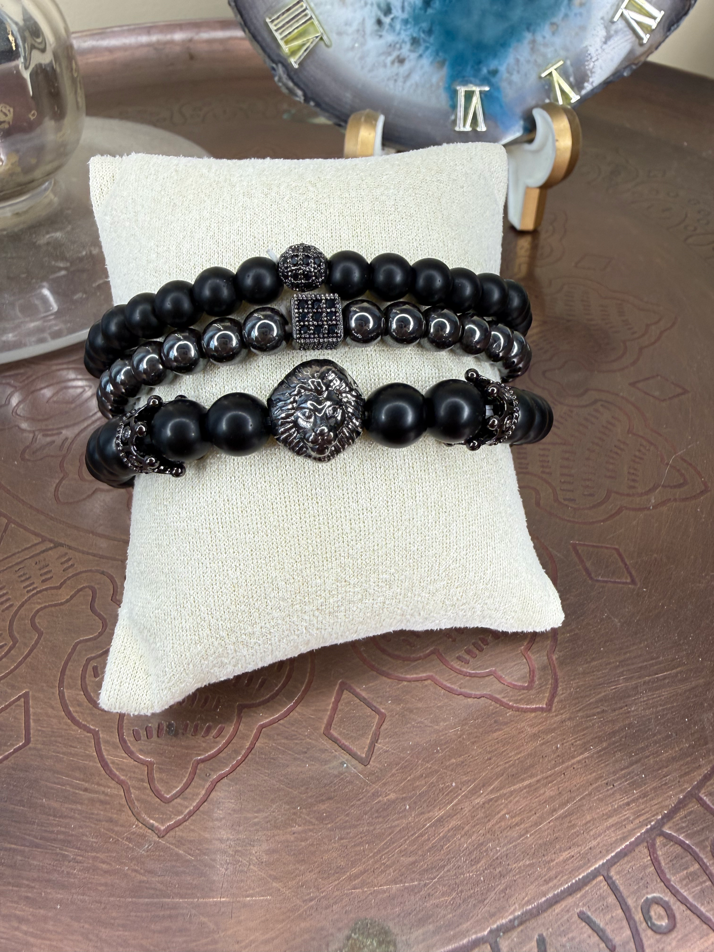 Hematite & Lion Black Bead Bracelet Set