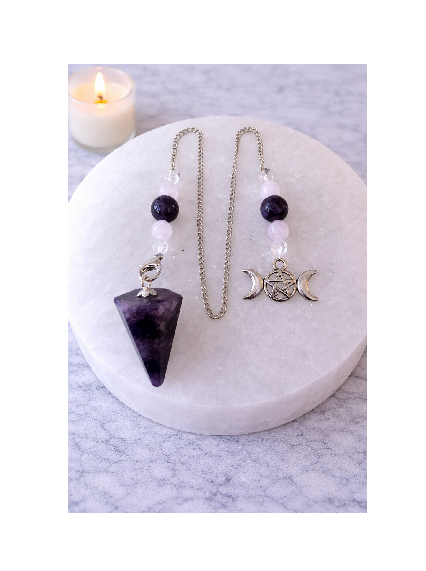 Lepidolite Pendulum with Triple Moon Symbol