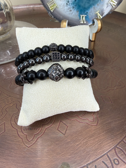 Hematite & Lion Black Bead Bracelet Set