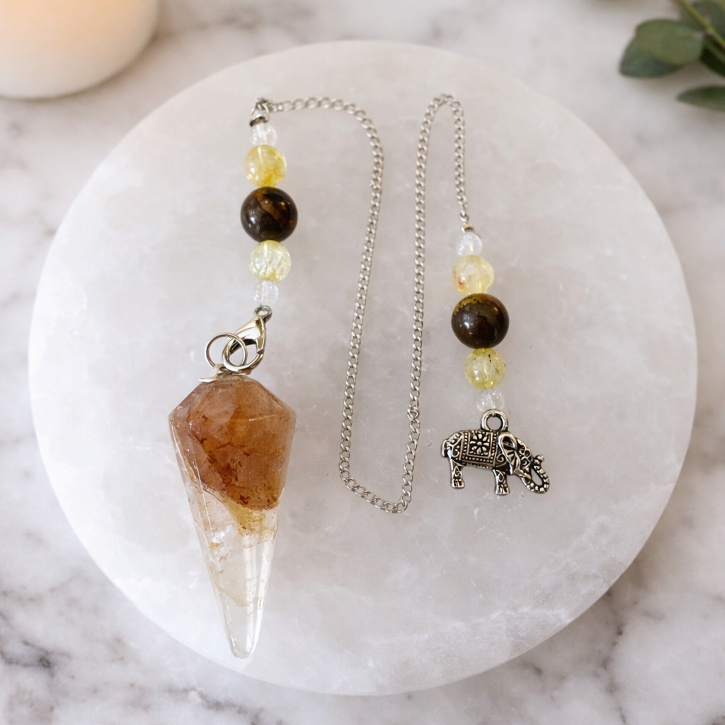 Golden Healer Quartz Pendulum with Elephant Charm