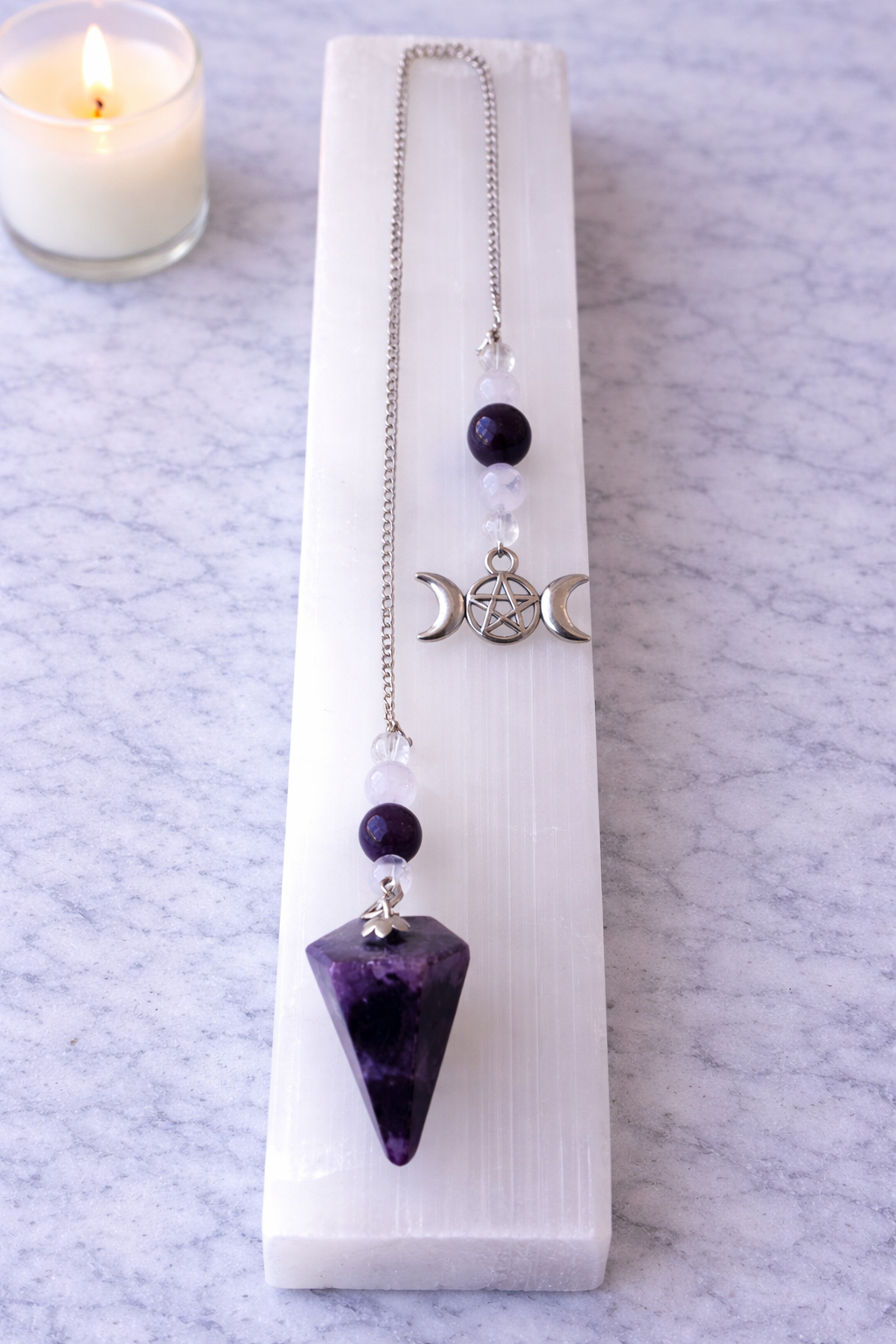 Lepidolite Pendulum with Triple Moon Symbol
