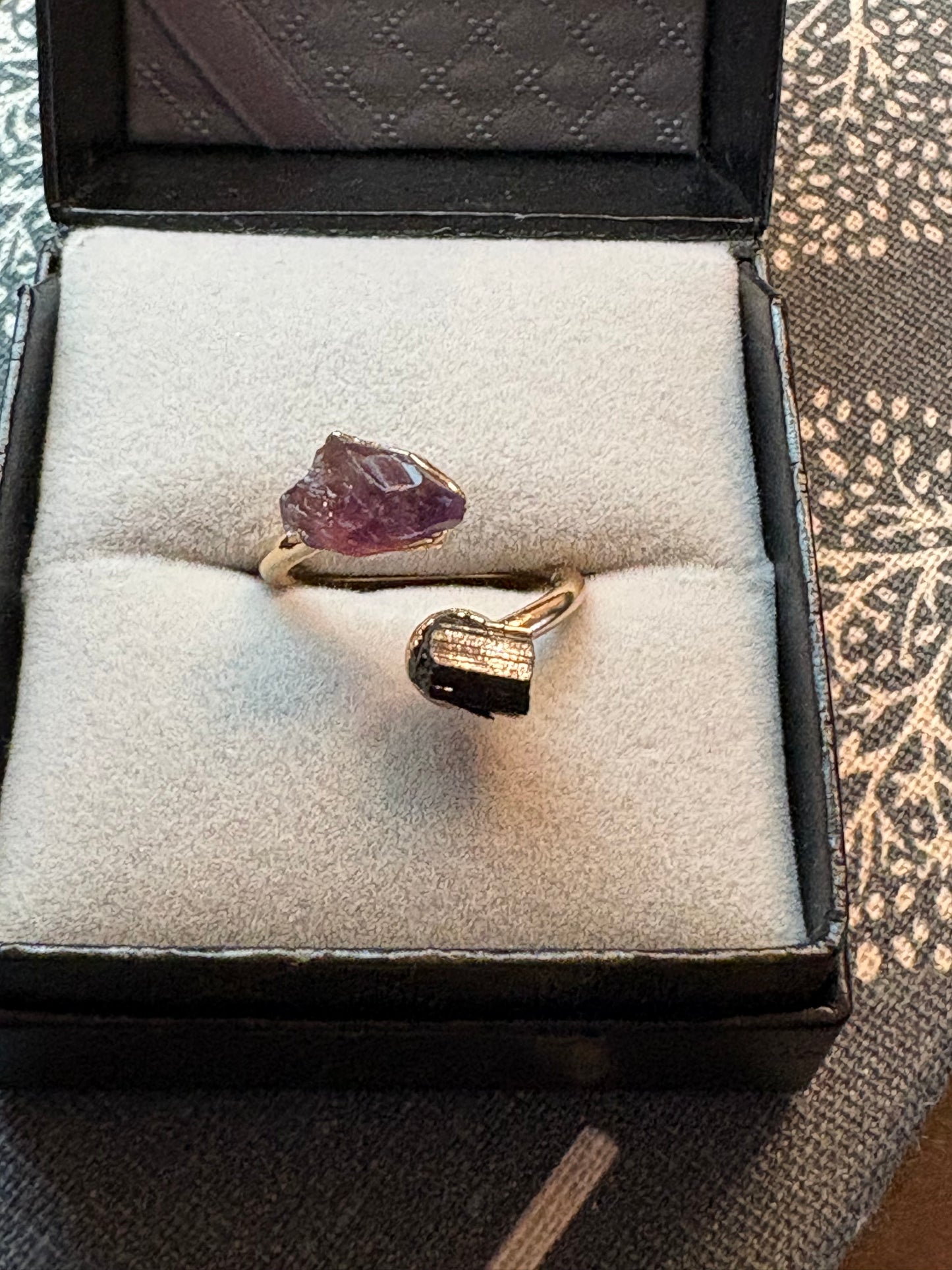 Black Tourmaline & Amethyst Adjustable Ring