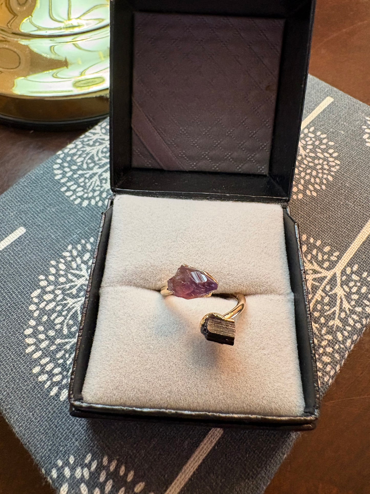 Black Tourmaline & Amethyst Adjustable Ring